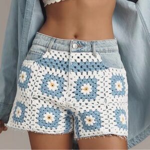 Avec Les Filles Blue and White Crochet Jean Shorts